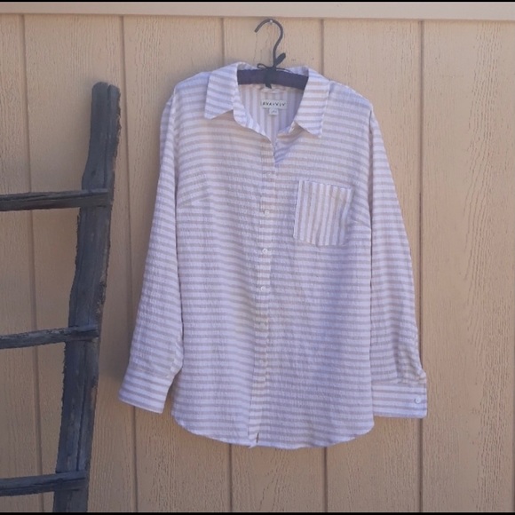 Ava & Viv Tops - Tan & White Striped Long-sleeve Button Down